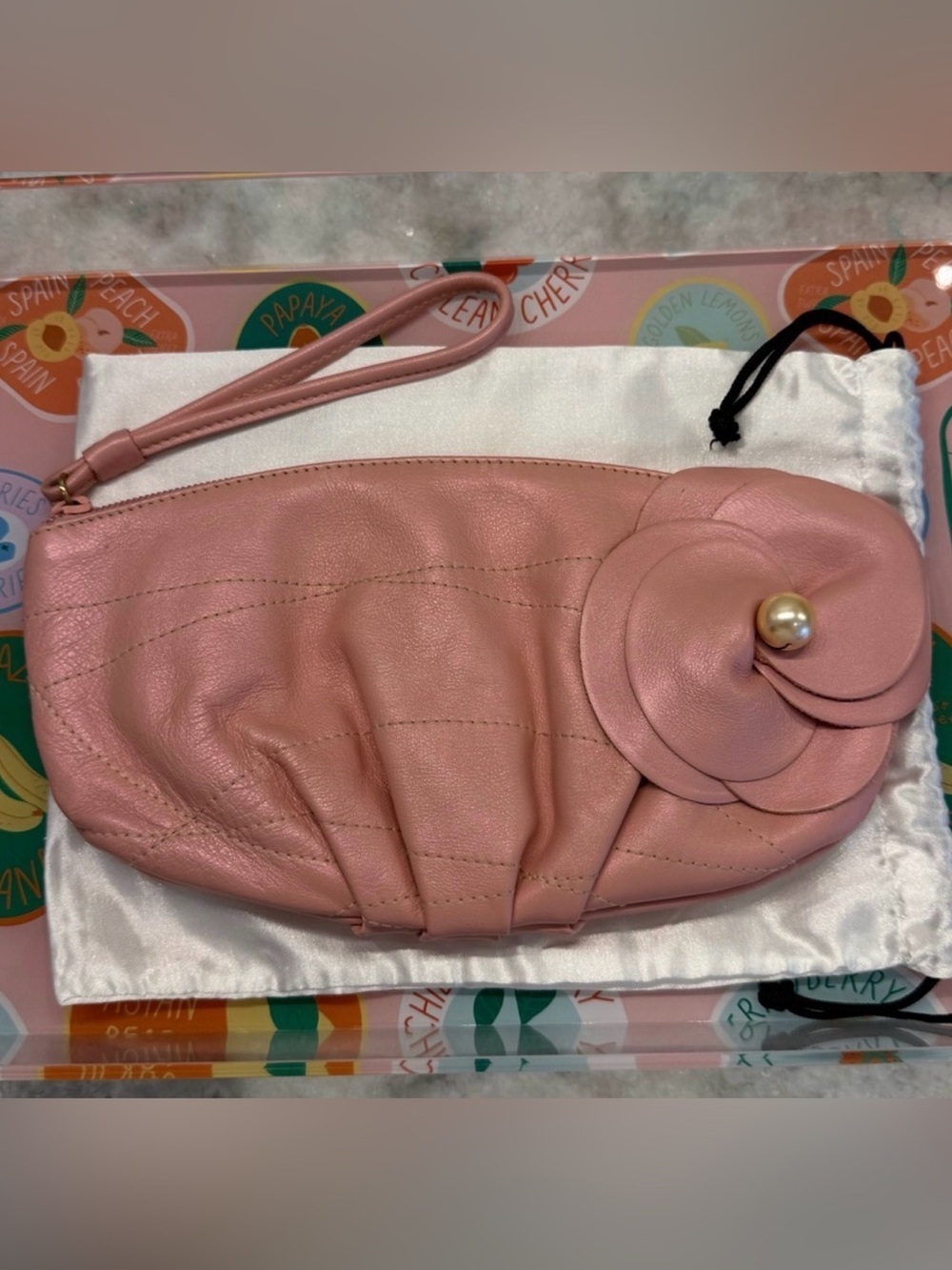 NWOT Furla Pink Leather Clutch Wristlet Floral Detail Pearl Feminine Designer